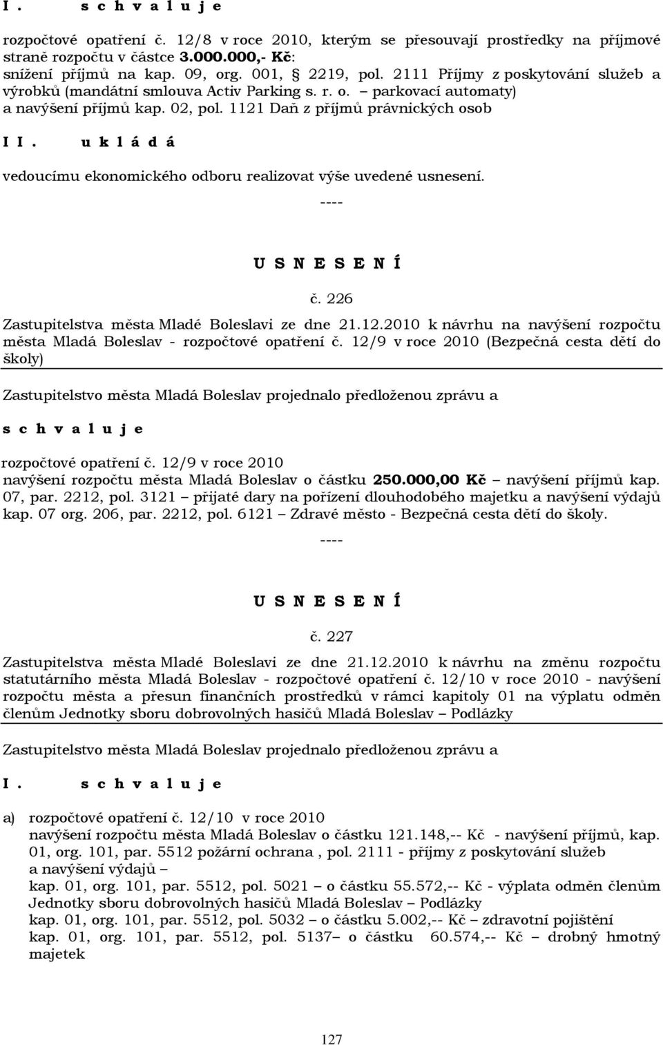 1121 Daň z příjmů právnických osob I vedoucímu ekonomického odboru realizovat výše uvedené usnesení. č. 226 Zastupitelstva města Mladé Boleslavi ze dne 21.12.2010 k návrhu na navýšení rozpočtu města Mladá Boleslav - rozpočtové opatření č.