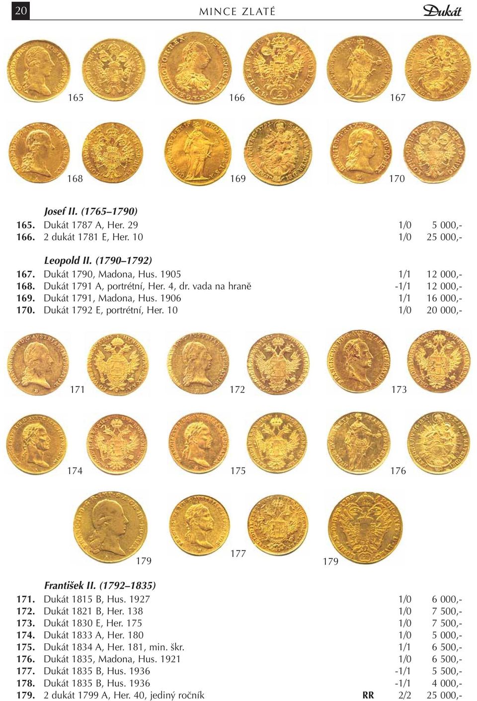 10 1/0 20 000,- 171 172 173 174 175 176 179 177 179 František II. (1792 1835) 171. Dukát 1815 B, Hus. 1927 1/0 6 000,- 172. Dukát 1821 B, Her. 138 1/0 7 500,- 173. Dukát 1830 E, Her.