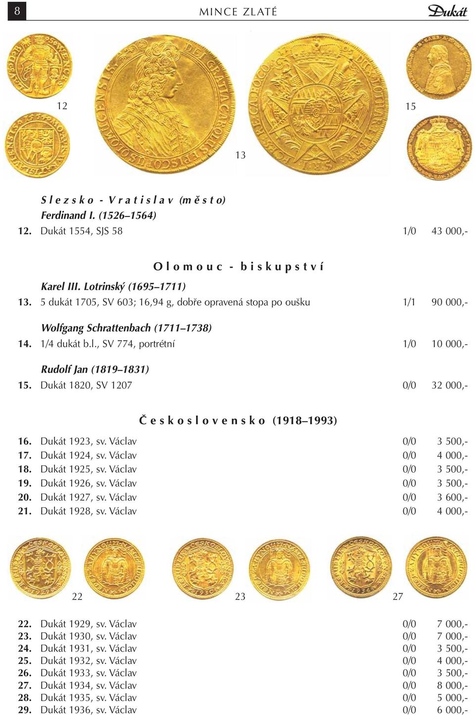 Dukát 1820, SV 1207 0/0 32 000,- Č e s k o s l o v e n s k o (1918 1993) 16. Dukát 1923, sv. Václav 0/0 3 500,- 17. Dukát 1924, sv. Václav 0/0 4 000,- 18. Dukát 1925, sv. Václav 0/0 3 500,- 19.