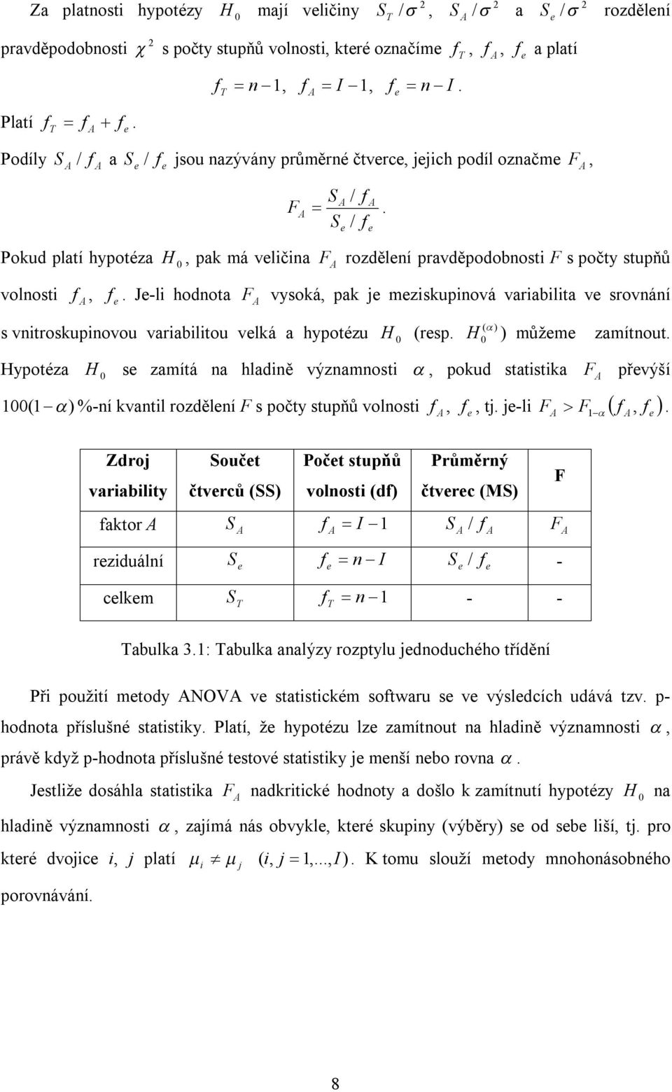 Je-l hodnota F vysoká, pak je mezskupnová varablta ve srovnání s vntroskupnovou varabltou velká a hypotézu H (resp. H ) můžeme zamítnout.