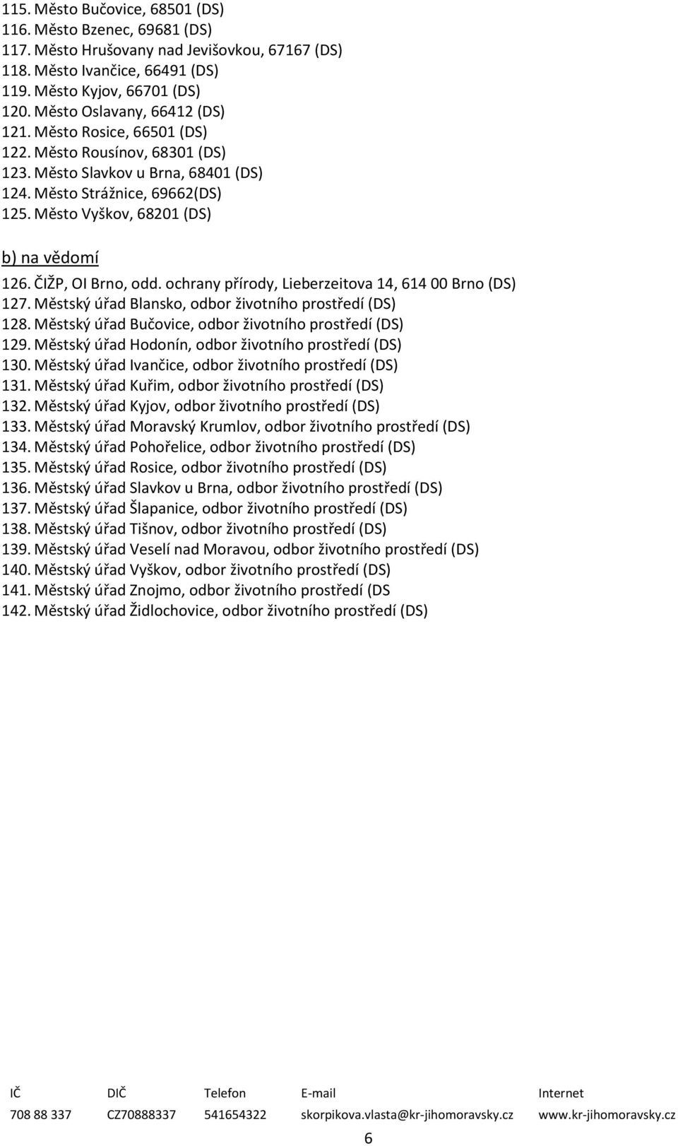 Město Vyškov, 68201 (DS) b) na vědomí 126. ČIŽP, OI Brno, odd. ochrany přírody, Lieberzeitova 14, 614 00 Brno (DS) 127. Městský úřad Blansko, odbor životního prostředí (DS) 128.