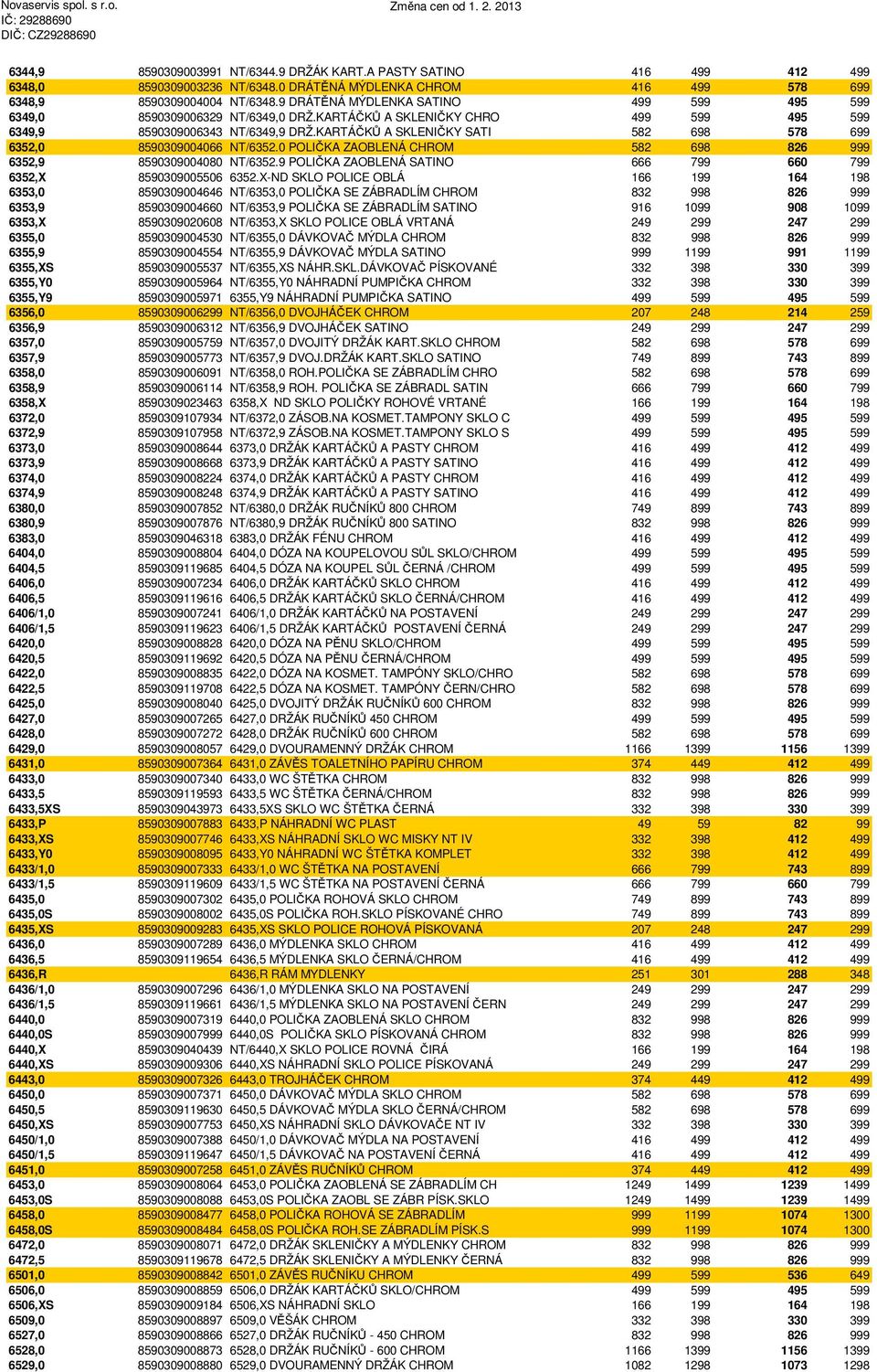 KARTÁČKŮ A SKLENIČKY SATI 582 698 578 699 6352,0 8590309004066 NT/6352.0 POLIČKA ZAOBLENÁ CHROM 582 698 826 999 6352,9 8590309004080 NT/6352.