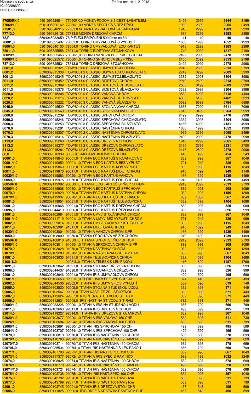 5901095626128 77713,0 MONZA DŘEZOVÁ CHROM 1916 2299 1983 2399 78,P 8594045933659 78,P FLEXI PŘIPOJENÍ 50/40mm na 6/4" 41 49 40 48 78001,0 5901095625497 78001,0 TORINO UMYVADLOVÁ S VÝPUSTÍ 1666 1999