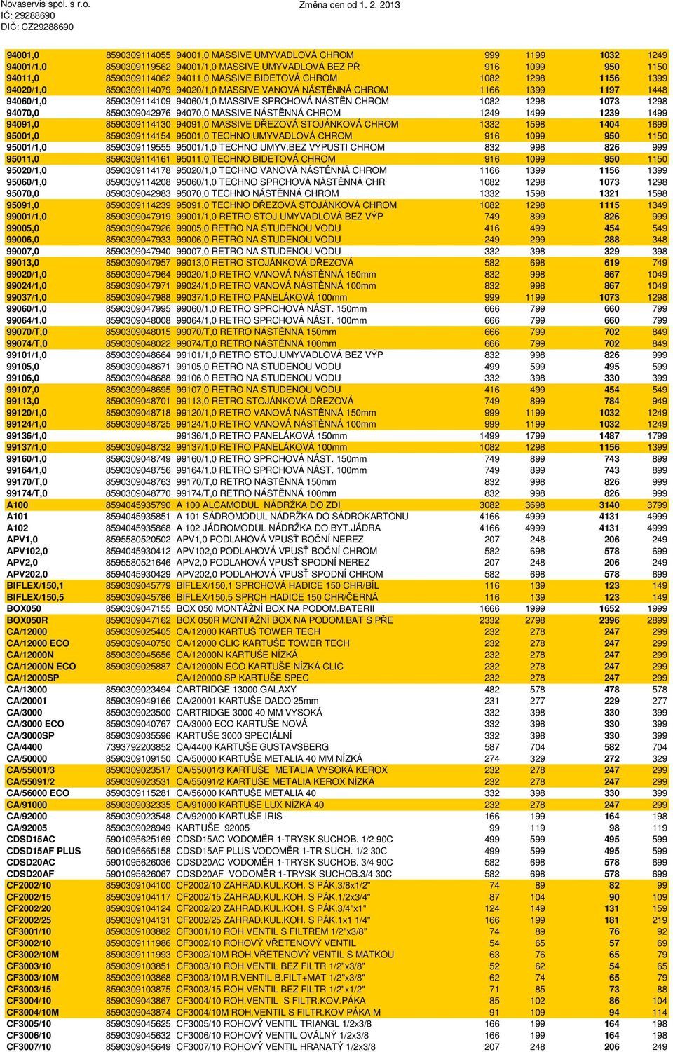 94070,0 8590309042976 94070,0 MASSIVE NÁSTĚNNÁ CHROM 1249 1499 1239 1499 94091,0 8590309114130 94091,0 MASSIVE DŘEZOVÁ STOJÁNKOVÁ CHROM 1332 1598 1404 1699 95001,0 8590309114154 95001,0 TECHNO