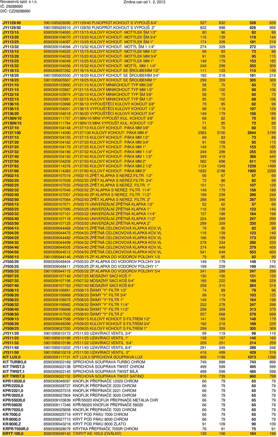 8590309104087 JY113/25 KULOVÝ KOHOUT- MOTÝLEK ŠM 1" 174 209 181 219 JY113/32 8590309104094 JY113/32 KULOVÝ KOHOUT- MOTÝL ŠM 1 1/4" 274 329 272 329 JY115/15 8590309104025 JY115/15 KULOVÝ KOHOUT-