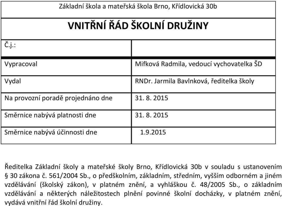 2015 Ředitelka Základní školy a mateřské školy Brno, Křídlovická 30b v souladu s ustanovením 30 zákona č. 561/2004 Sb.