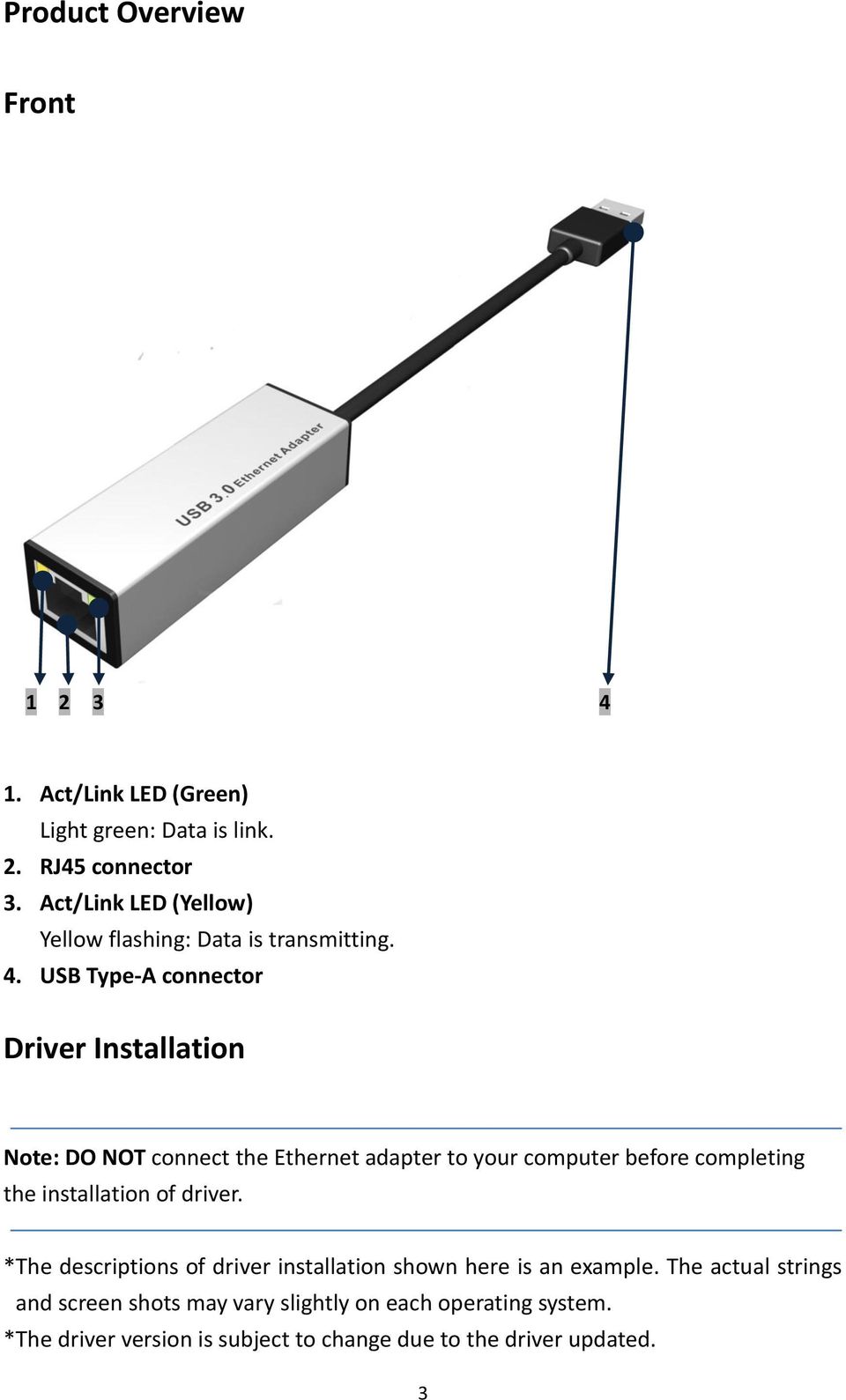 USB Type-A connector Driver Installation Note: DO NOT connect the Ethernet adapter to your computer before completing the