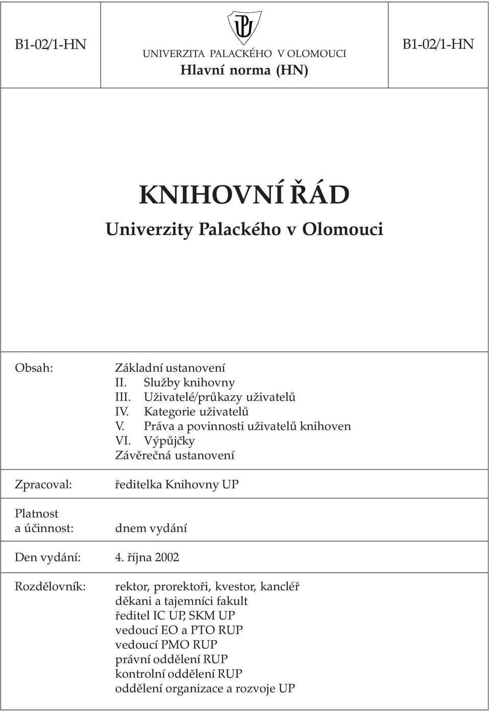 Práva a povinnosti uživatelů knihoven VI. Výpůjčky Závěrečná ustanovení ředitelka Knihovny UP dnem vydání Den vydání: 4.