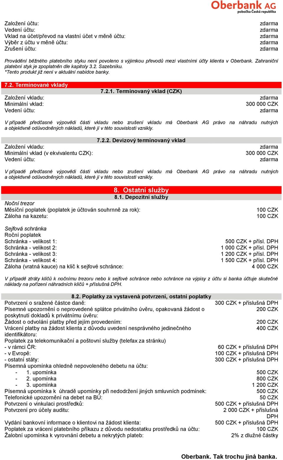 Termínovaný vklad (CZK) 300 000 CZK V případě předčasné výpovědi části vkladu nebo zrušení vkladu má Oberbank AG právo na náhradu nutných a objektivně odůvodněných nákladů, které jí v této