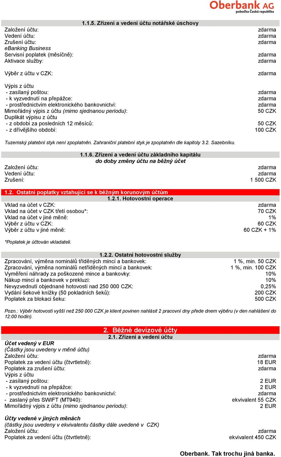 dřívějšího období: 100 CZK Tuzemský platební styk není zpoplatněn. Zahraniční platební styk je zpoplatněn dle kapitoly 3.2. Sazebníku. Zrušení: 1.1.6.