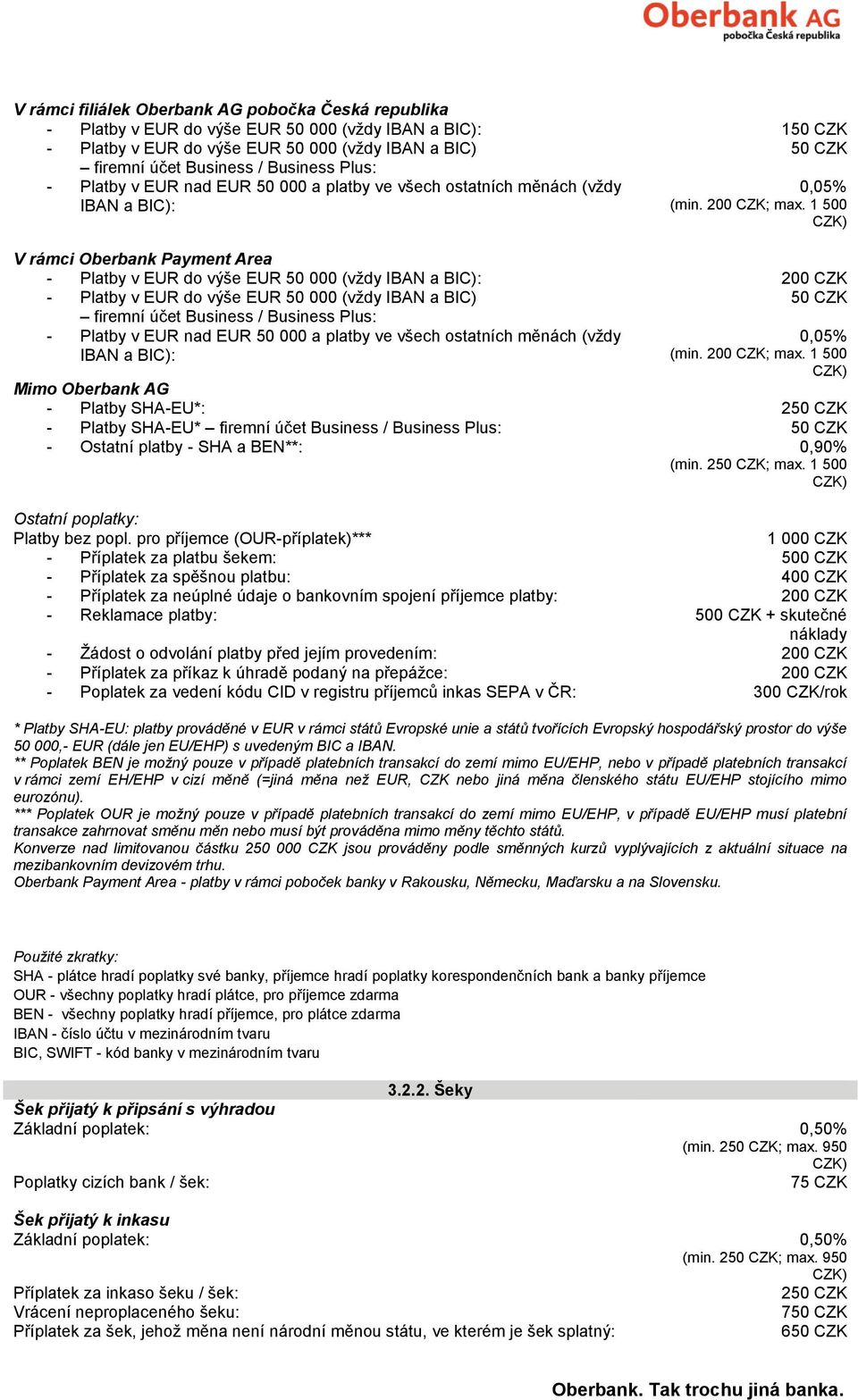 1 500 CZK) V rámci Oberbank Payment Area - Platby v EUR do výše EUR 50 000 (vždy IBAN a BIC): 200 CZK - Platby v EUR do výše EUR 50 000 (vždy IBAN a BIC) firemní účet Business / Business Plus:  1 500