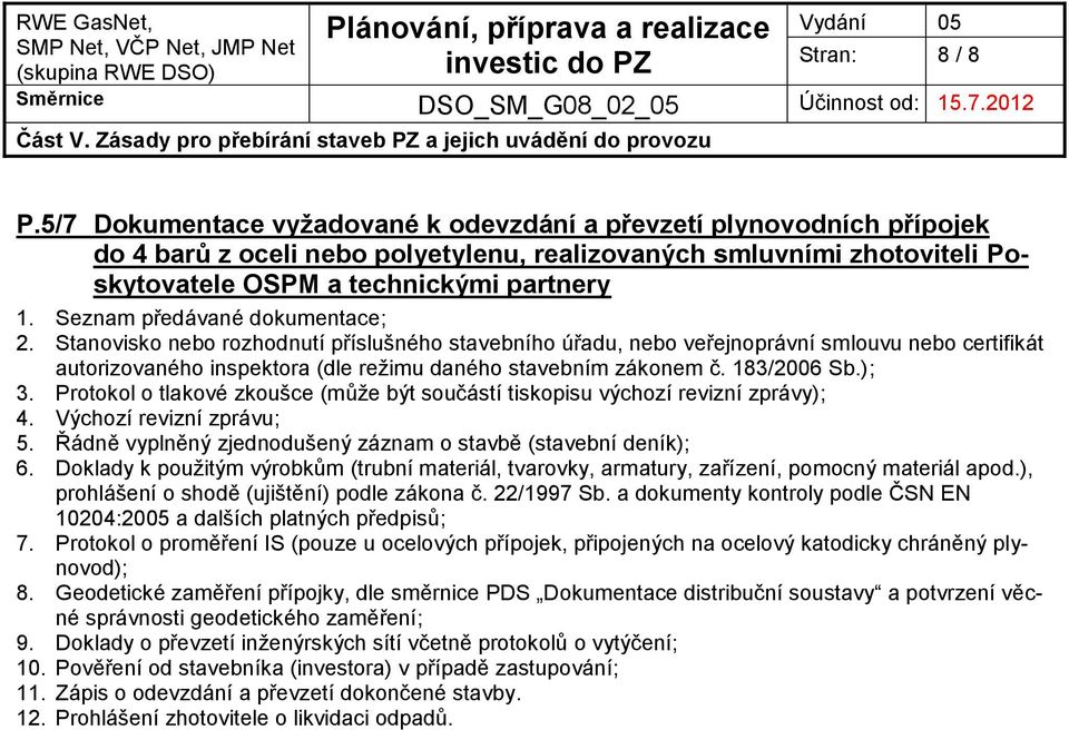 Seznam předávané dokumentace; 2. Stanovisko nebo rozhodnutí příslušného stavebního úřadu, nebo veřejnoprávní smlouvu nebo certifikát autorizovaného inspektora (dle režimu daného stavebním zákonem č.