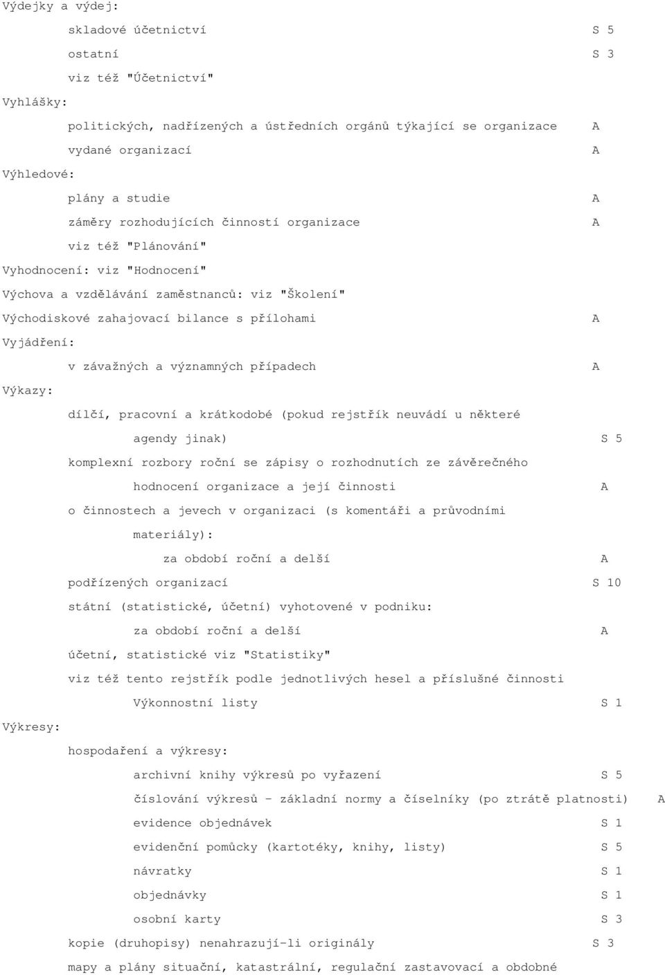 závažných a významných případech Výkazy: dílčí, pracovní a krátkodobé (pokud rejstřík neuvádí u některé agendy jinak) S 5 komplexní rozbory roční se zápisy o rozhodnutích ze závěrečného hodnocení