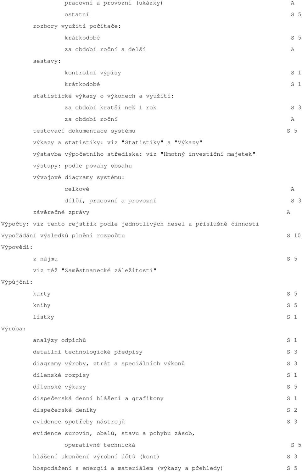 podle povahy obsahu vývojové diagramy systému: celkové dílčí, pracovní a provozní S 3 závěrečné zprávy Výpočty: viz tento rejstřík podle jednotlivých hesel a příslušné činnosti Vypořádání výsledků