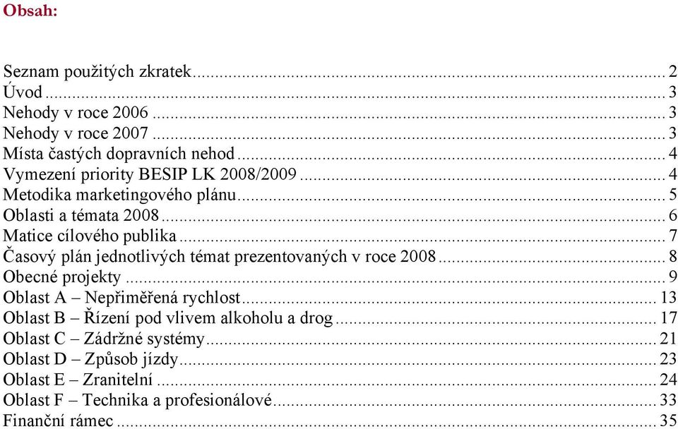 .. 7 Časový plán jednotlivých témat prezentovaných v roce 2008... 8 Obecné projekty... 9 Oblast A Nepřiměřená rychlost.