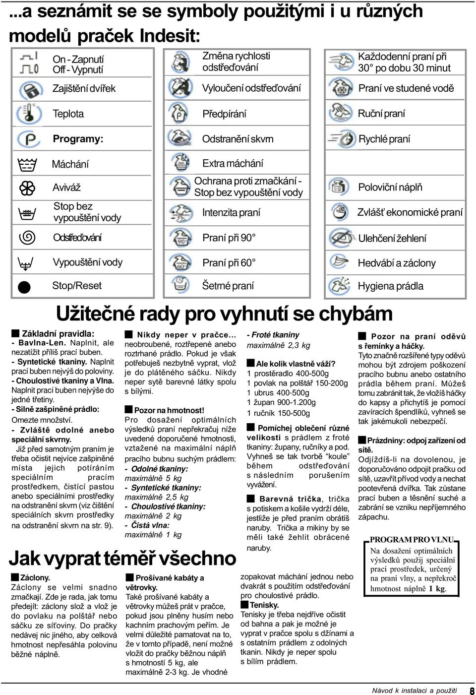 vypouštìní vody Intenzita praní Praní pøi 90 Praní pøi 60 Ruèní praní Rychlé praní Polovièní náplò Zvláš ekonomické praní Ulehèení žehlení Hedvábí a záclony Stop/Reset Šetrné praní Hygiena prádla