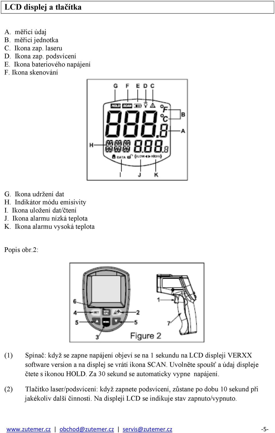 2: (1) Spínač: když se zapne napájení objeví se na 1 sekundu na LCD displeji VERXX software version a na displej se vrátí ikona SCAN. Uvolněte spoušť a údaj displeje čtete s ikonou HOLD.