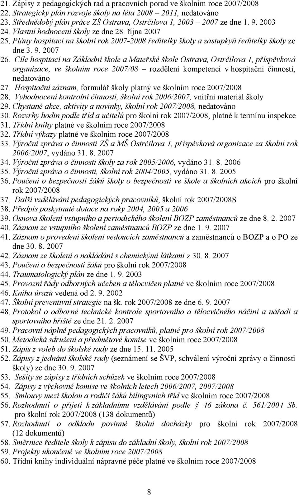 Plány hospitací na školní rok 2007-2008 ředitelky školy a zástupkyň ředitelky školy ze dne 3. 9. 2007 26.