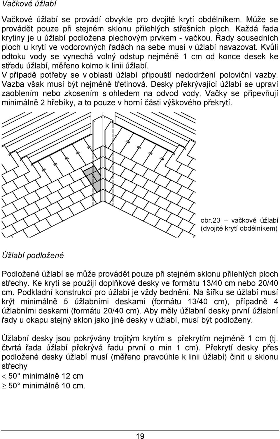 Kvůli odtoku vody se vynechá volný odstup nejméně 1 cm od konce desek ke středu úžlabí, měřeno kolmo k linii úžlabí. V případě potřeby se v oblasti úžlabí připouští nedodržení poloviční vazby.