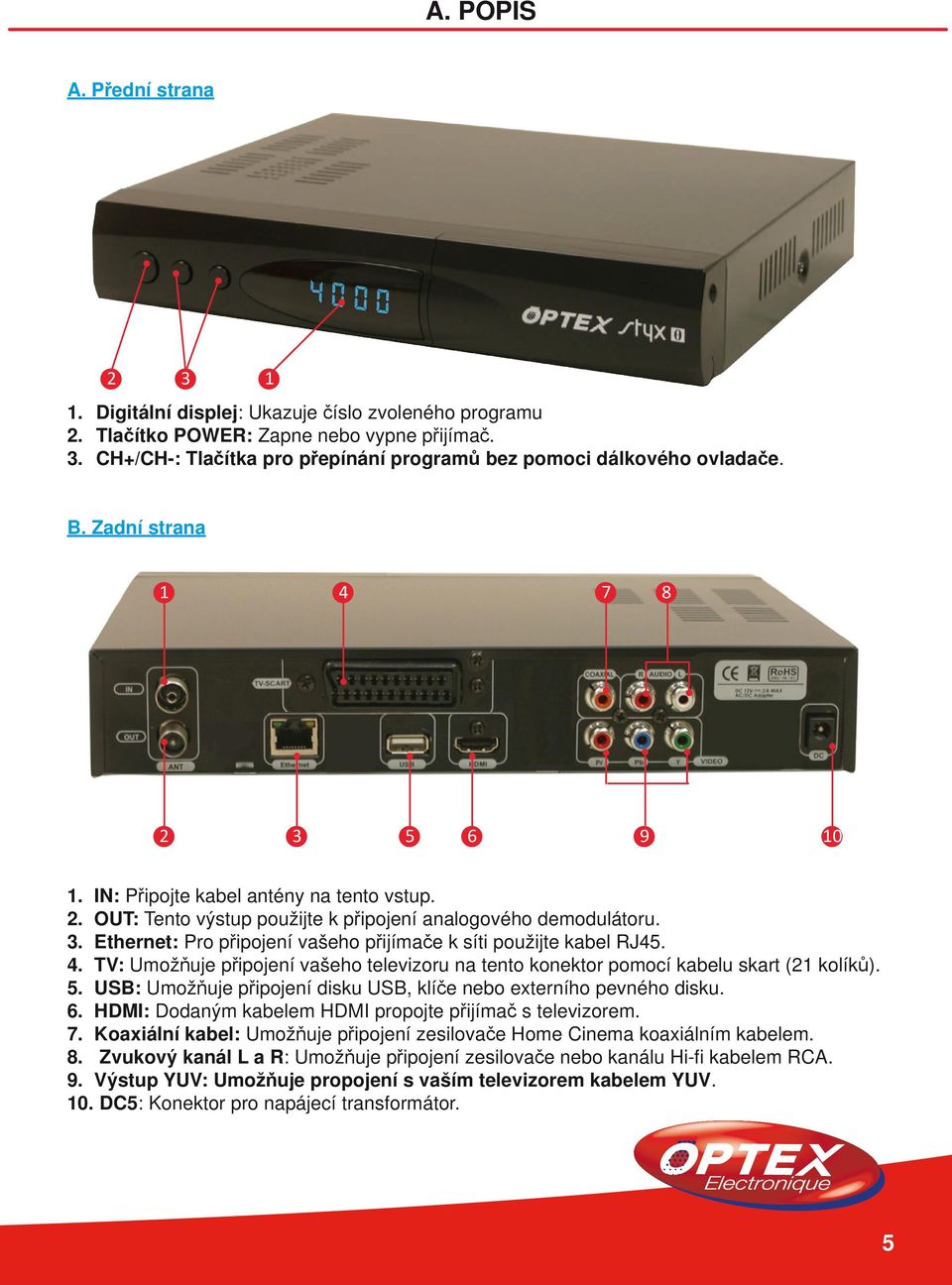 4. TV: Umožňuje připojení vašeho televizoru na tento konektor pomocí kabelu skart (21 kolíků). 5. USB: Umožňuje připojení disku USB, klíče nebo externího pevného disku. 6.