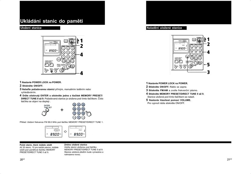 1 Nastavte POWER LOCK na POWER. 2 Stisknìte ON/OFF. Rádio se zapne. 3 Stisknìte FM/AM a zvolte frekvenèní pásmo. 4 Stisknìte MEMORY PRESET/DIRECT TUNE 0 až 9.