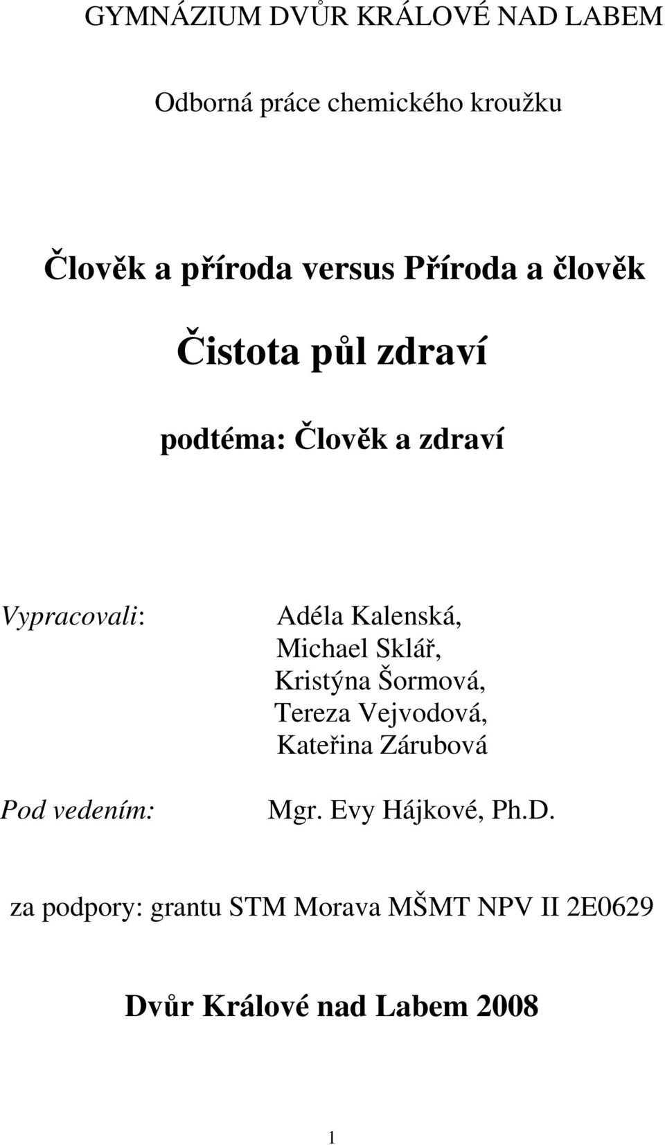 Adéla Kalenská, Michael Sklář, Kristýna Šormová, Tereza Vejvodová, Kateřina Zárubová Mgr.