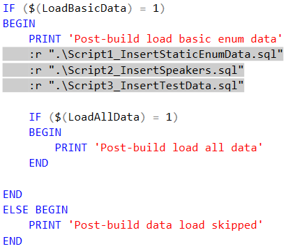 Parametrizace skriptů PostDeploy skripty mohou obsahovat vstupní parametry Lze jimi ovlivnit např.