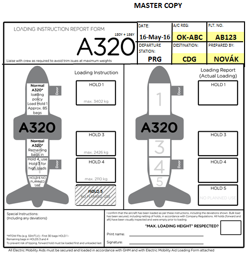 (002) Nakládací listina pro standardní nakládání (zdroj: Menzies Aviation, s.r.o.) Na obrázku č. 2 jsou vyobrazeny nakládací instrukce pro standardní nakládání. Jedná se o typ letadla Airbus A320.