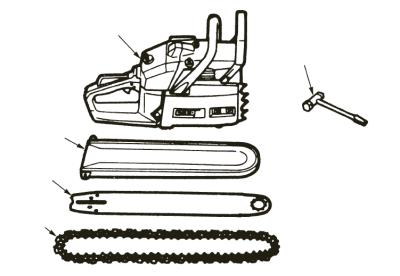 5. Nasazení lišty a řetězu pily Balení pily obsahuje viz. obr. F1 1. Motor 2. Ochrana lišty 3. Lišta 4. Řetěz 5. Klíč na zapalovací svíčku F1 (2) (3) (4) (1) (5) UPOZORNĚNÍ Pila má velmi ostré zuby.