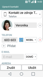 Upravení kontaktu včetně fotky 1. V menu stisknete ikonu Kontakty. 2. Vyberete kontakt, který chcete upravit. 3. Poté ťuknete na symbol tužky. 4. Nyní můžete upravit údaje kontaktu.