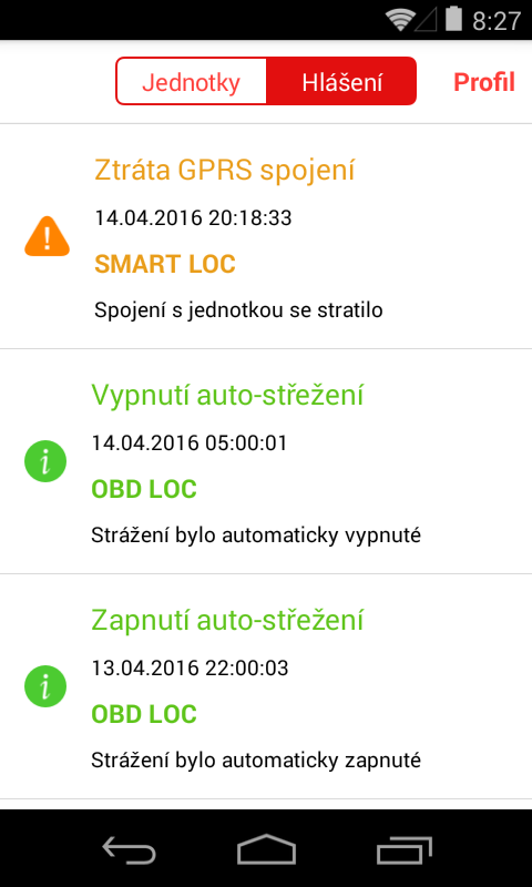 3. Hlášení Z úvodní obrazovky je možné přejít na zobrazení hlášení (notifikace), která aplikace přijala ze sledovaných zařízení.