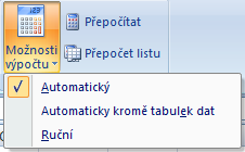 podkarta ZÁVISLOSTI VZORCŮ MOŽNOSTI VÝPOČTU umožní určit kdy se budou vypočítávat výsledky ve vzorcích a funkcích PŘEPOČÍTAT