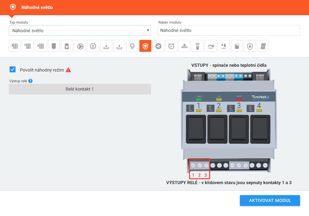 b) Zařízení časového modulu 1. Po editaci ikony a názvu modulu si zkontrolujte, zda máte ovládané zařízení zapojené na správném výstupu, viz infografika.