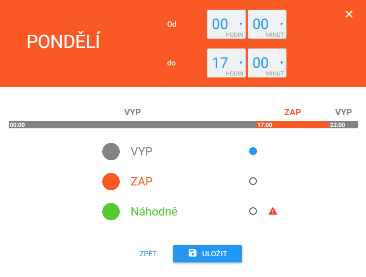 Pro nastavení programu klikněte u vybraného dne na tlačítko +. Objeví se Vám okno pro editaci týdenního programu. Zde si můžete nastavit požadované stavy během dne (zapnuto, vypnuto nebo náhodný*).