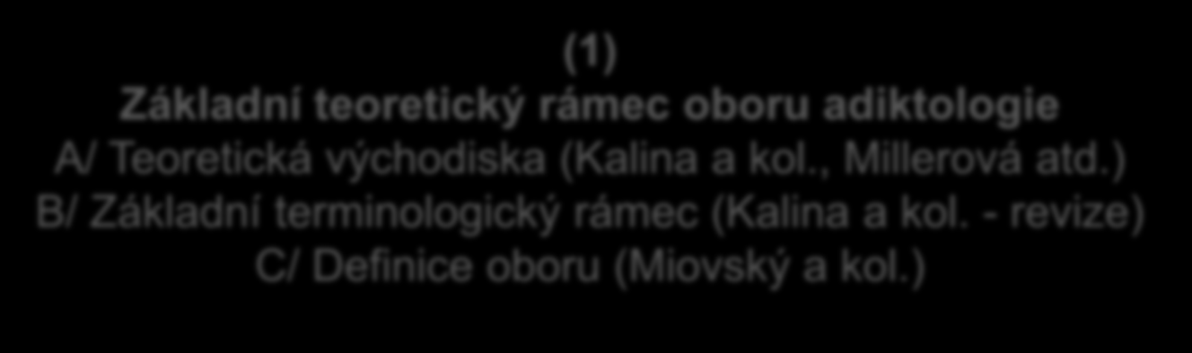 3.1. Teorie a vazba výzkumu s praxí Postupná tvorba teoretického rámce oboru navazující na linii publikací jako byla Urbanova Toxikománie (1973): Kalina et al.