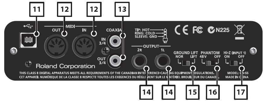 Popis panelů Zadní panel 11. USB konektor Propojí QUAD-CAPTURE do počítače, kompatibilního s USB 2.0. Před zapojením musíte nejprve nainstalovat ovladač (str. 14). 12.