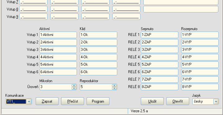 Pager VT 11 manuál II 9.0 Názvy VSTUPŮ a VÝSTUPŮ V následující části programu je možné přiřadit názvy VSTUPŮM a VÝSTUPŮM.