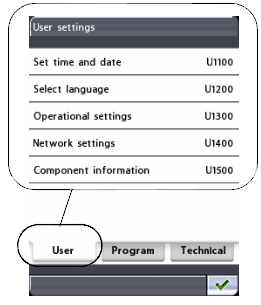 NASTAVENÍ 9.1 Uživatelské nastavení Zde můžete nastavit čas a datum a nastavit funkční a síťové nastavení. Jsou zde také informace o komponentech zařízení potřebné pro servis.