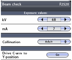 NASTAVENÍ Beam Check (P2520) Pozici rentgenového paprsku na senzoru můžete ověřit pomocí funkce Beam check. Kalibraci přístroje a senzoru musí vykonat kvalifikovaná osoba.