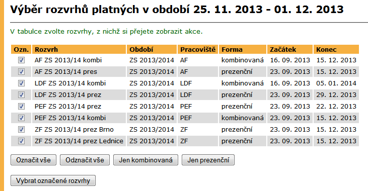 3 STUDIJNÍ INFORMACE STU Zobrazení rozvrhů podle období jejich platnosti První tabulka zobrazuje časová období, pro která jsou sestaveny rozvrhy v aktuálním studijním období.