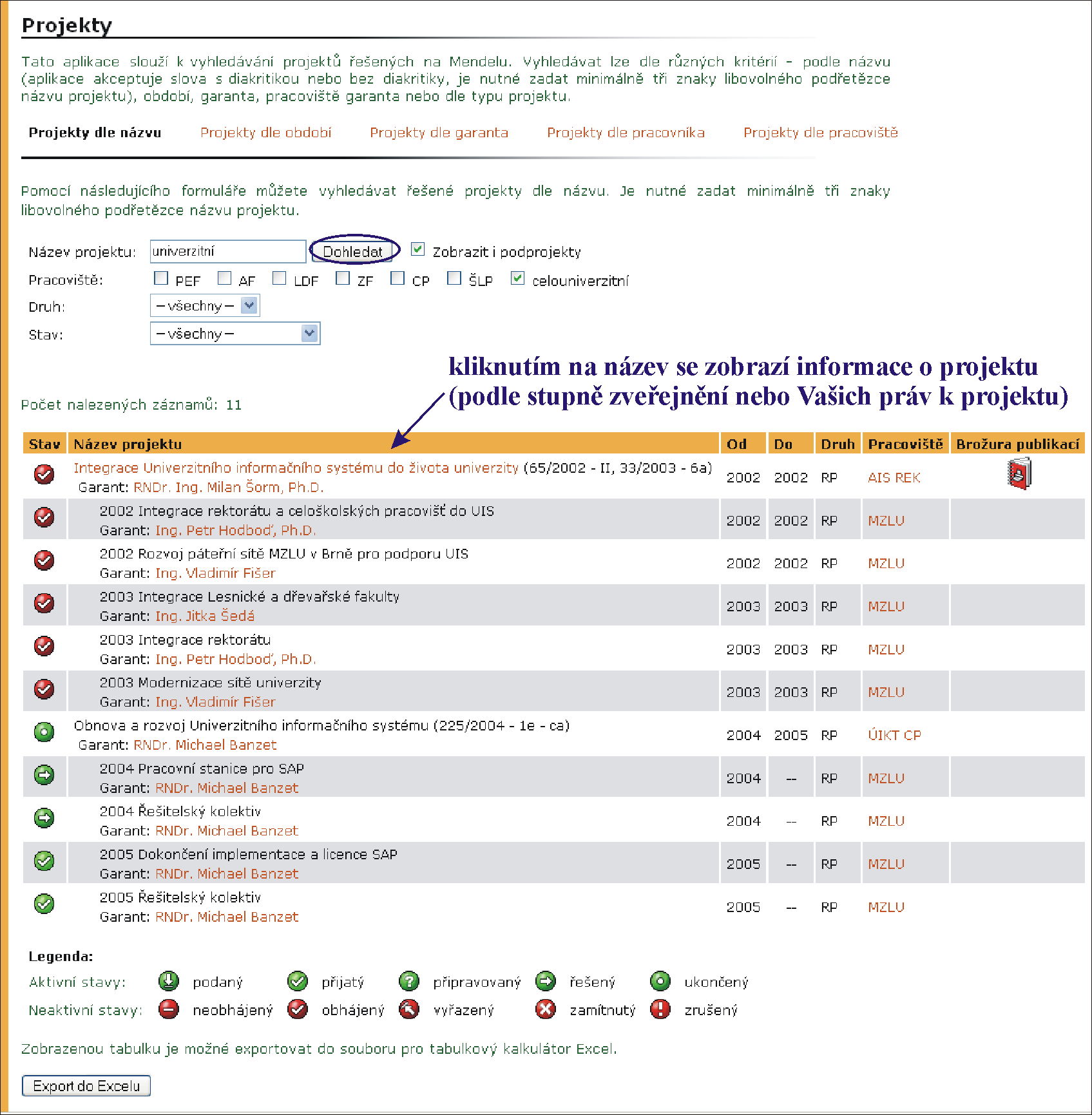 4 VĚDECKO-VÝZKUMNÉ INFORMACE Obrázek 46 Vyhledání projektů podle názvu Projekty dle období vyhledání projektů podle období, ve kterém byly řešeny, nebo se řeší.