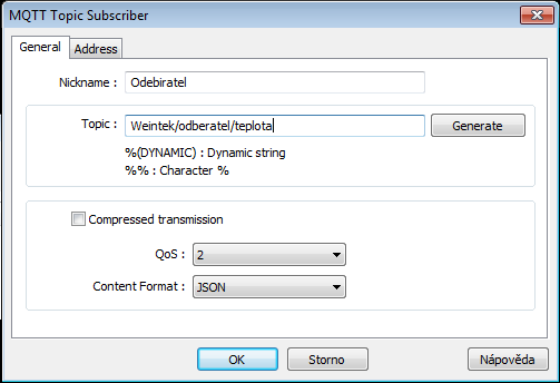 Subscriber Nyní si ukážeme druhý způsob komunikace prostřednictvím MQTT a to Subscribe. Tento způsob komunikace je možný pouze na komunikačních serverech cmt-svr a cmt-3151.