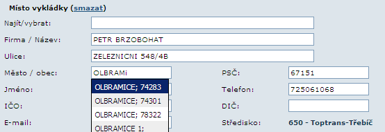 obrázek 7 - Vyhledání partnera ze Seznamu partnerů TOPTRANS EU, a.s.