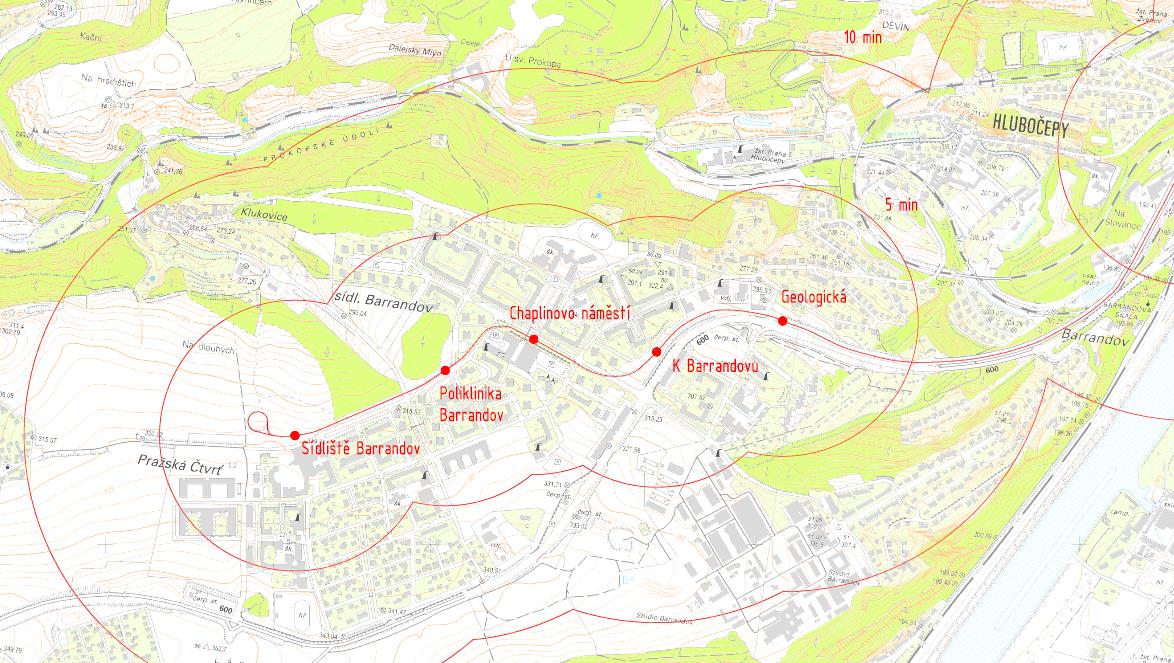 Úloha 1 Dokumentace tramvajové trati Situace včetně vykreslení dopravní obslužnosti do mapového podkladu v měřítku 1:10 000 izochrony pro