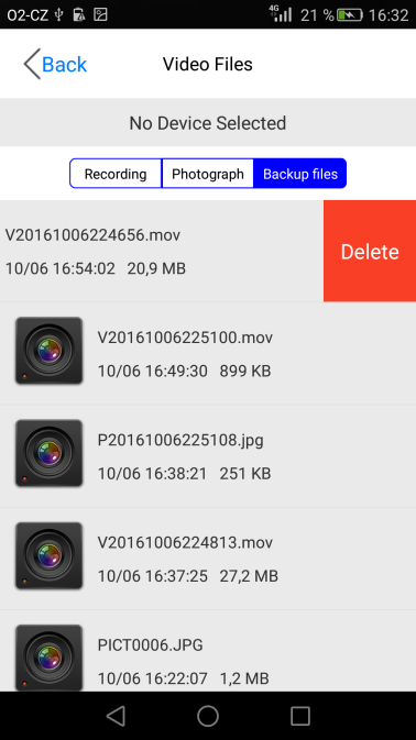 3.2 Video Files 1. V podmenu Video Files je možné prohlížet pořízené záznamy (Recording = video, Photograph = fotografie, Backup files = stažené soubory, které je možné přehrávat a prohlížet).