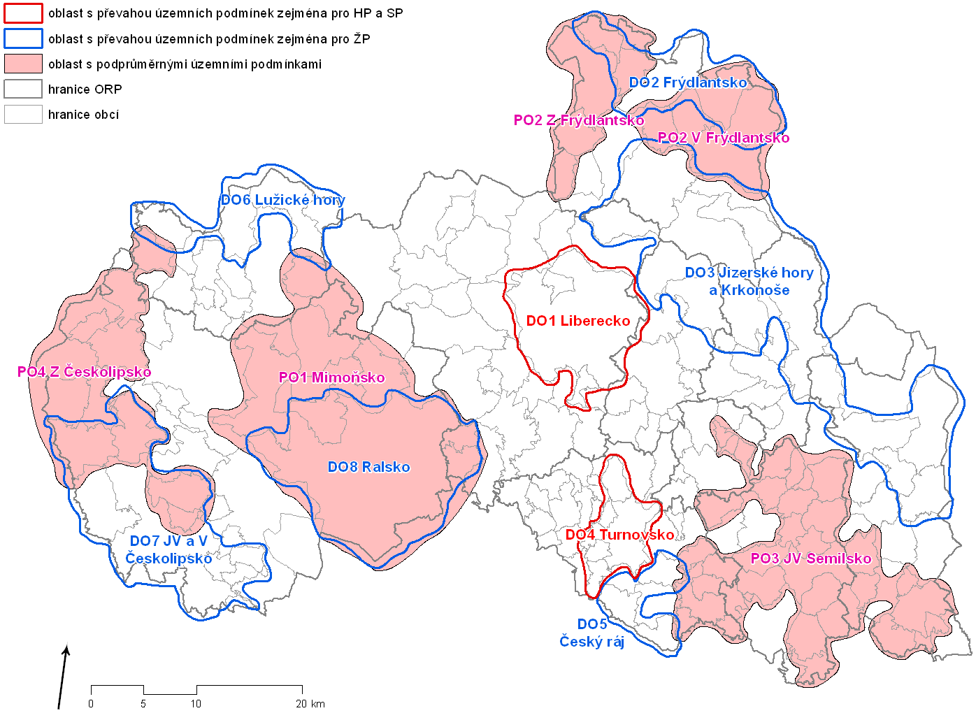 Obr.: Oblasti s převahou podmínek zejména pro ŽP a oblasti s převahou podmínek zejména pro SP a HP, Zdroj: GIS ÚP LK, ÚAP LK, 2013 Z předchozího vyhodnocení vlivů jednotlivých změn s územním průmětem