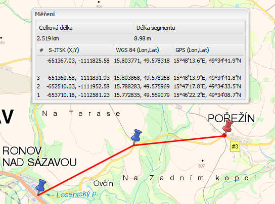 Nalezení souřadnice Pokud je třeba vyhledat místo na mapě se známou souřadnicí, je možné tuto souřadnici zadat (opět v jednom ze tří použitých souřadných