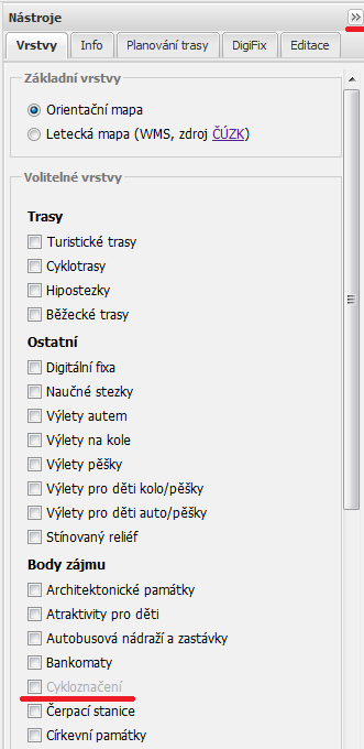 Panel Nástroje Vpravo od mapového okna se nachází panel Nástroje. Tento panel obsahuje záložky Vrstvy, Info a Plánování trasy. V záložce Vrstvy jsou další sekce Základní vrstvy a Volitelné vrstvy.