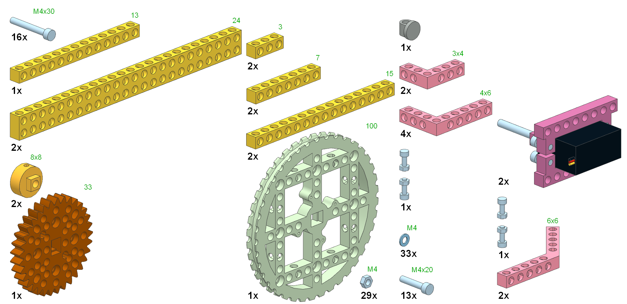 Stavební návod L03 RAMEŇÁK Seznam potřebných dílků odpovídá 3D tištěné stavebnici m-bitbeam Education Base Set (základní výuková sada).