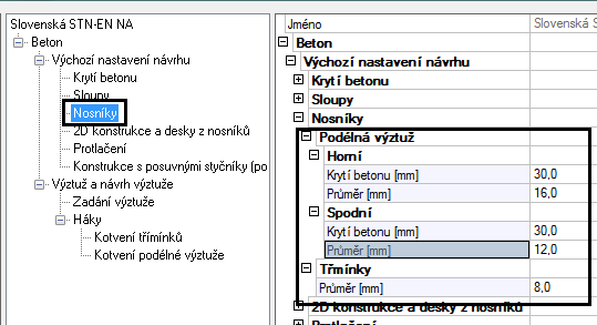 Obr. 28 Nastavení profilů výztuže pro celou konstrukci Dále program zhodnotí nastavení, které najdete Nastavení/ Řešiče pro betonové konstrukce.